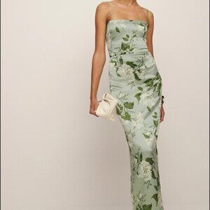 Reformation Frankie Silk Dress in Tea Garden (Green Floral Print) size 6
